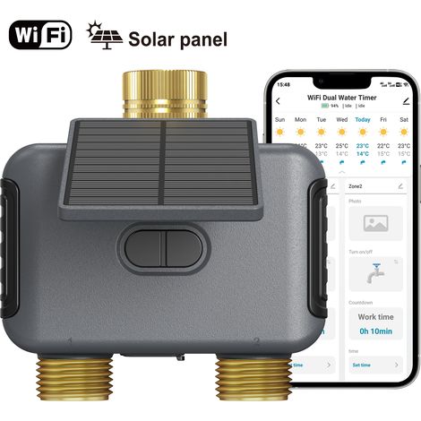 Bewässerungscomputer 2 Zonen – Solarbetrieben, WiFi, Aufladbar – LCD Display, Gartenbewässerung mit Timer – Grau (1/5)