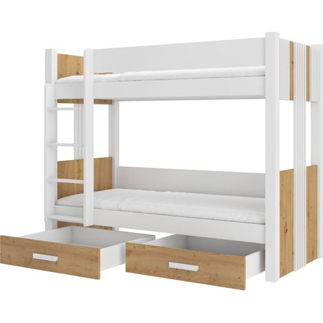 Lit superposé blanc et bois artisan 2 couchages 80x180 ou 90x200 avec tiroirs de rangement Luka-80x180 (1/5)