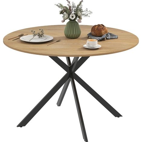 Table ronde industrielle Ø120 cm en chêne avec pieds en acier pour 4 personnes (1/5)