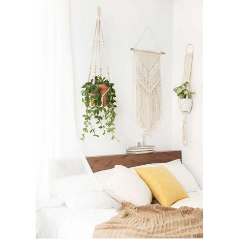Panier de jardinière en dentelle suspendu d'intérieur avec support de jardinière décoratif en perles de bois sans gland - paquet de 2 (1/4)