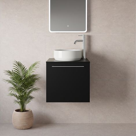 Napoli 390 Matt Black 500mm Wall Mounted Single Drawer Vanity Unit for Countertop Basins - 500mm - Chrome 320mm Handle
