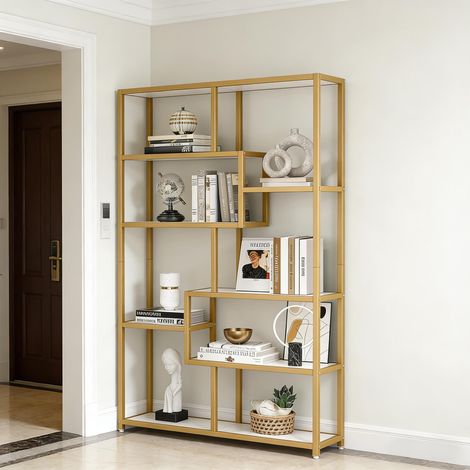 Bibliothèque ouverte design, étagère sur pied dorée moderne, présentoir à livres et objets décoratifs (1/5)
