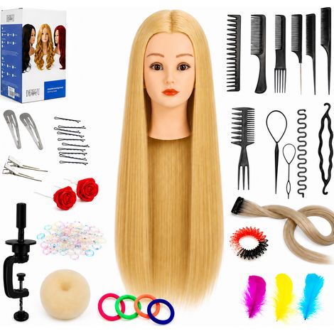 Cabeza de entrenamiento de peluquería femenina para peinar cabello sintético de 90 cm + set de cabello, relleno de moño, peine para recogidos. (1/5)