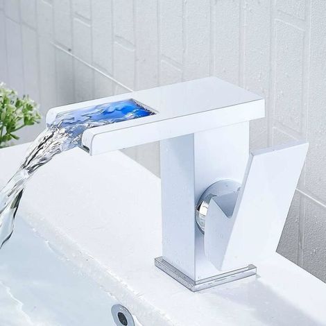 Robinet de salle de bain - PZCC - LED à cascade - Blanc - Monotrou - Economie d'eau (1/3)