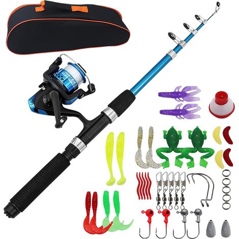 Set de pesca, caña telescópica con carrete, señuelos y bolsa de transporte, set de caña telescópica de 1,5 m, combo portátil de caña telescópica y carrete para principiantes. (1/5)