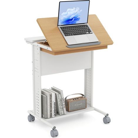 Design en C bureau ordinateur mobile, plateau inclinable 6 niveaux et rangements, pour salon chambre bureau (1/5)