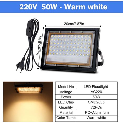 Projecteur LED extérieur 50 W, étanche IP65, 220 V CA / 12 V CC, lumière chaude 3000 K, compatible prise européenne, idéal pour éclairage de jardin, terrasse et façade