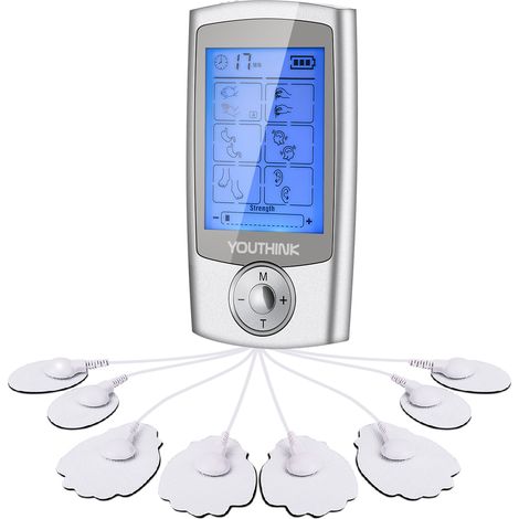 Appareil de stimulation musculaire TENS, masseur électronique à impulsions rechargeable, 8 électrodes, 16 modes, pour soulagement musculaire. (1/5)