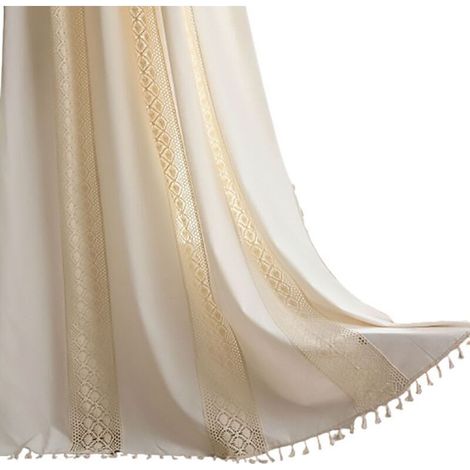 Rideau bistro court beige en coton-lin opaque, style campagne avec pompons, 1 pièce (1/4)