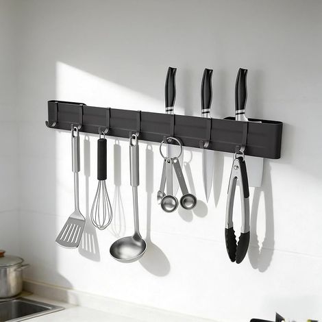 Porte-ustensiles de cuisine, barre adhésive de 40 cm, crochet de cuisine gris sans perçage, avec accessoires adhésifs, pour cuisine, couloir, salon (1/5)