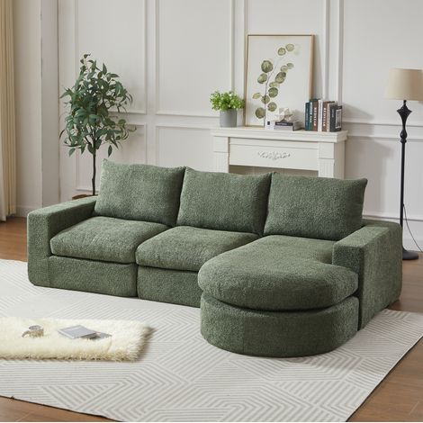 Sofá modular L (251x160x81 cm), con chaise longue reversible, cojines de cuello, espuma de alta densidad, chenilla verde (1/5)