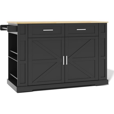 Îlot de cuisine mobile avec plan de travail extensible, 2 tiroirs, armoire double porte et prise intégrée, 130x50x93 cm, noir et chêne (1/5)