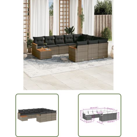 The Living Store 11-tlg. Garten-Sofagarnitur mit Kissen Grau Poly Rattan - Gartenmöbel Set - Esstisch - Lounge Möbel - Rattan Sofa - Outdoor Furniture (1/3)