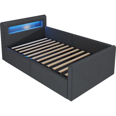 Lit rembourré pour enfant 90200 cm, avec éclairage LED, veilleuse et port de charge USB, avec étagère, rangement hydraulique, lit simple, pour garçon et fille, tissu velours, gris foncé (1/5)