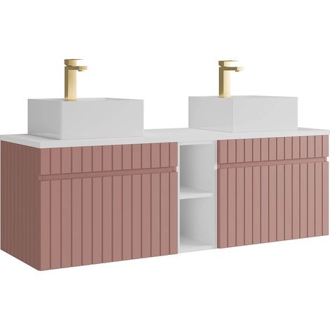 Meuble de salle de bain suspendu strié avec niches et double vasque à poser carrée et robinet - Rose - L140 cm - SATARA (1/5)