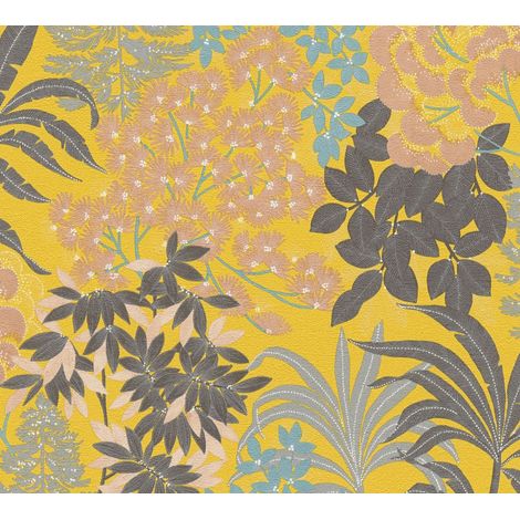 Papier peint coloré à fleurs Papier peint floral moderne en jaune, marron, turquoise (1/5)
