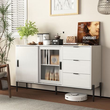 Credenza moderna con ante scorrevoli in vetro rigato e 3 cassetti, mobile buffet bianco salvaspazio per ingresso, cucina, corridoio e studio, CHICFURN (1/5)