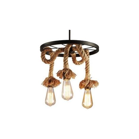 Lustre suspension en corde de chanvre 3 Lampe E27 , Rétro Lampe de plafond roue industrielle pour Restaurant Salon Salle À Manger Bar BLOW (1/5)