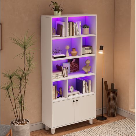 Weiße LED-Bücherregal 80x30x173 cm, 7 Fächer, Doppeltüren, Holzfüße OKWISH (1/5)