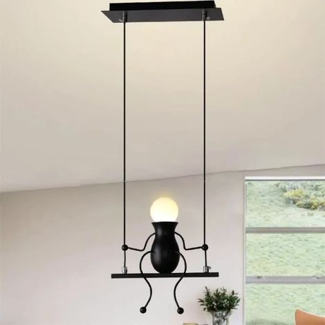 U-Do Lustre Suspension Ajustable Vintage Lampe Créatif forme Humanoïde Lustre en Métal Noir pour Salon Couloir (1/4)