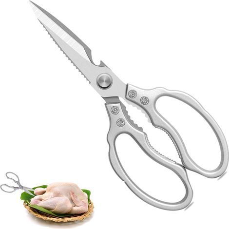Ciseaux de Cuisine Robuste,5 en 1 Professionnel en Acier Inoxydable,Poignée Ergonomique et Lames en Titane,avec Fonction Dentelée,pour Maison,Viande,Verdure,Poulet,Poisson,Herbe,Noix,Peef,Argent (1/5)
