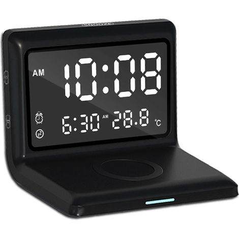 Réveil à chargement sans fil avec alarme, fonction snooze, affichage miroir, réglage de la luminosité sur 5 niveaux, fonction snooze et miroir convient à une utilisation dans la chambre noir. (1/5)