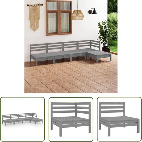 Salon de jardin 5 pcs Bois de pin massif Gris 2 (1/5)