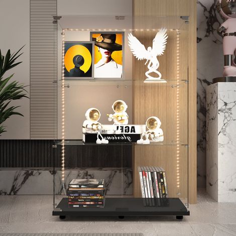 BLANKETSWARM - Vitrine en verre avec LED, 79x35x123 cm, Armoire vitrine de collection à serrure, Meuble vitrine verre moderne 3 étagères et 2 porte pour salon, chambre ou bureau, Noir (1/5)