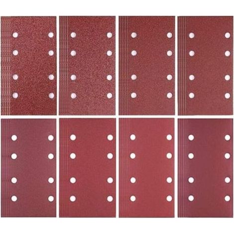 Lot de 80 feuilles abrasives 93 x 185 mm – 8 trous – Assortiment grains 40/60/80/120/180/240/320/400 – Pour ponceuse bois dur (1/5)