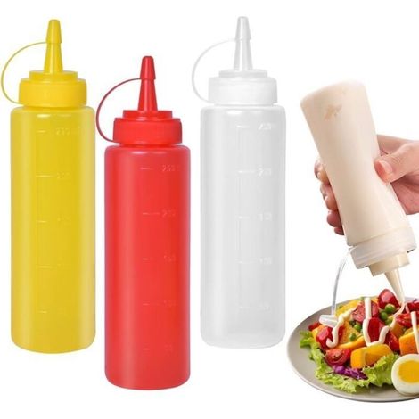 Set of 3 8 oz. squeezable condiment bottles, sauce bottles, squeeze bottles, soft plastic bottles (1/5)