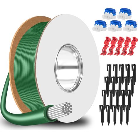 50m Cable Robot Tondeuse + 25 Piquets de Fixation + 5 Connecteurs de Câble + 5 Connecteur de Dérivation en T, Kit de Accessoires de Fil de Délimitation pour Câble de Recherche (1/5)