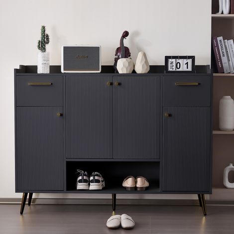 Meuble à chaussures avec 2 tiroirs de rangement et 4 portes, plusieurs cloisons de Rangement, Meuble à chaussures pour couloir d'entrée avec poignées dorées, pieds en métal - 130x37x100cm - Noir (1/5)
