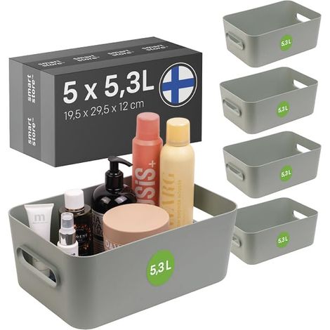 Panier de Rangement 5× 5.3 L Petite boite de rangement pour étagères salle de bain bureau Rangement Multiusage en plastique recyclé Vert L29.5 ×W19.5 ×H12 cm (1/5)