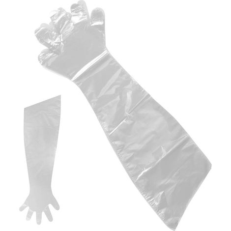 (Blanc)Lot de 50 gants jetables en plastique souple transparent à long bras pour examen vétérinaire (1/4)