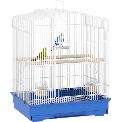 Gabbia uccelli acciaio, voliera con 2 mangiatoie, 2 trespoli, altalena, vassoio rimovibile, maniglia, 46,5x36x59 cm, blu