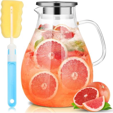 1 Carafe en verre,3,0 L,borosilicate,couvercle acier inoxydable,poignée large,réfrigérateur,thé froid,café,eau (1/5)