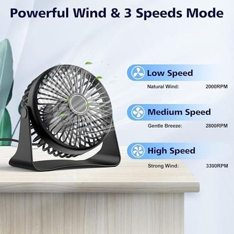 Ventilateur de bureau USB, ventilateur de bureau portable, mini ventilateur de bureau rotatif à 360°, petit ventilateur à 3 vitesses pour bureau, maison, chambre à coucher, noir