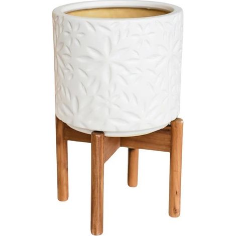 Aspen Flower Planter - Ceramic/Wood - L22 x W22 x H34 cm - White
