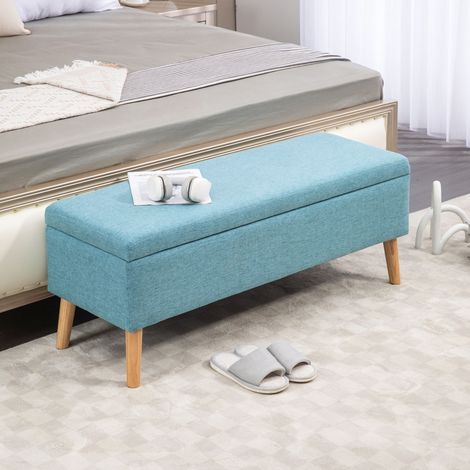Panca contenitore imbottita 110 x 39 x 45 cm blu in poliestere effetto lino DESVIAE (1/5)