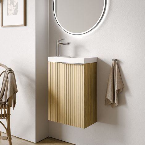 Waschtischunterschrank Bernstein TIM 40 cm mit Waschbecken Badmöbel: Eiche Nebelgrau profiliert, Metallgriff: Chrom