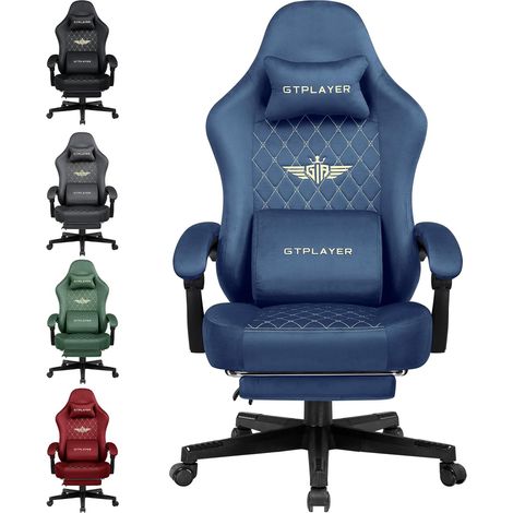 GTPLAYER Chaise Gaming Fauteuil Gaming Tissu Chaise Gamer Ergonomique Bureau Chaise PC, 150 kg, Chaise de Table RéGlable et Pivotante avec Coussin D'Assise à Ressorts et Repose-Pieds, Bleu