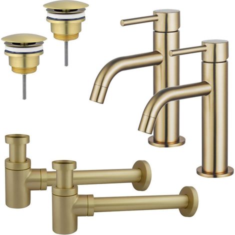 FugaFlow Eccelente Sobrado Slim Kit robinet lavabo - pour double vasque - robinet bas - bonde non-obturable - siphon design bas - Laiton brossé PVD (1/4)