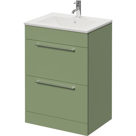 Napoli 460 Olive Green 600mm 2 Drawer Vanity Unit with Angel Basin - 600mm - Chrome 320mm Handle