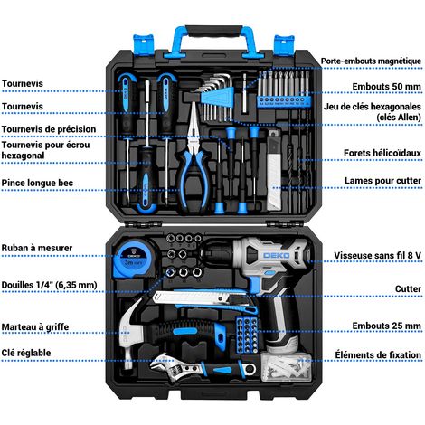 Caisse a Outil avec Perceuse Visseuse Multifonction Sans Fil 8V, 126 Pièces Malette Outils complete, Ensemble d'Outils avec Perceuse pour Réparation, Entretien et Travail, Bleu (1/5)