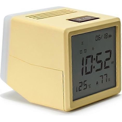Réveil à bascule, mini-réveil de bureau multifonctionnel avec veilleuse, horloge météo, décoration intérieure jaune (1/5)