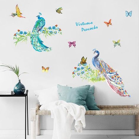 Sticker mural décoratif à faire soi-même avec des paons, papier peint amovible (1/4)