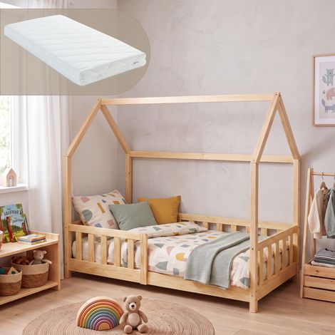 Hausbett Hesel mit Matratze und Rausfallschutz 80x160 cm Natur [en.casa] (1/5)