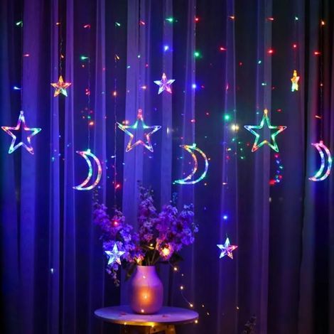 Rideau lumineux LED étoiles lunes 8 modes d'éclairage pour intérieur, fête, fenêtre, jardin, mariage, décoration de Noël, (1/4)