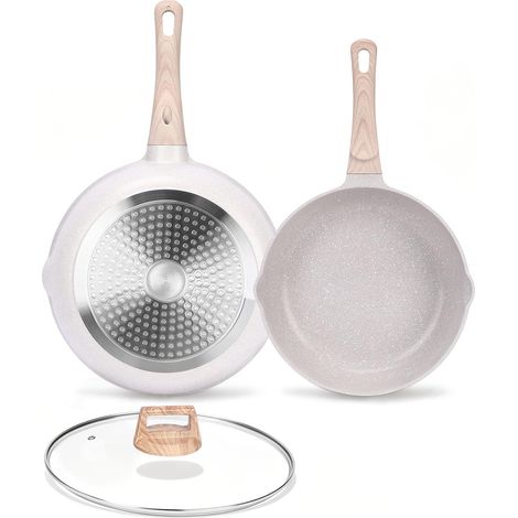 Set aus 24 cm und 28 cm großen Keramik-Bratpfannen mit Deckeln, antihaftbeschichtete Keramik, für alle Herdarten geeignet, gesund und ungiftig, frei von PFOA und PFAS. (1/5)