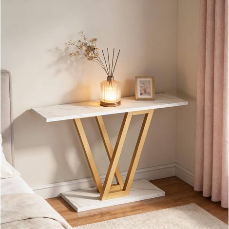 Consolle da ingresso 110x30x80 cm, design stretto, gambe a V in metallo, piano in legno, bianco e oro (1/5)